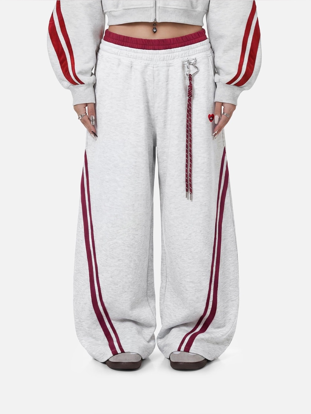 Aelfric Eden Heather Gray Wide-Leg Track Pants with Burgundy Stripes